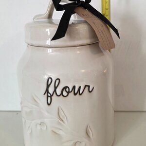 Rae Dunn Flour Canister with Leaf design - White
